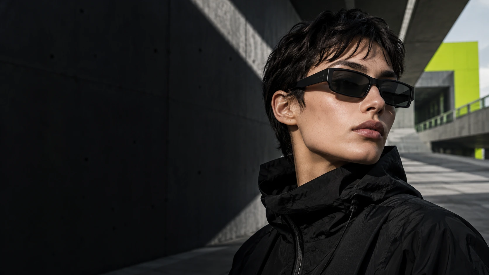 Urban portrait in black rectangular Ionikmode eyewear